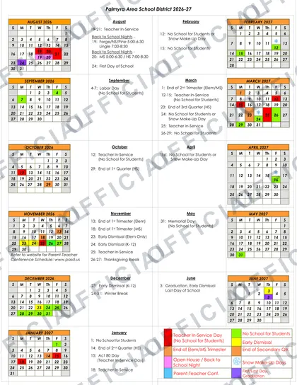 Palmyra Area School District 2026-27 calendar