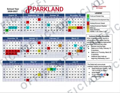 Parkland School District 2026-27 calendar