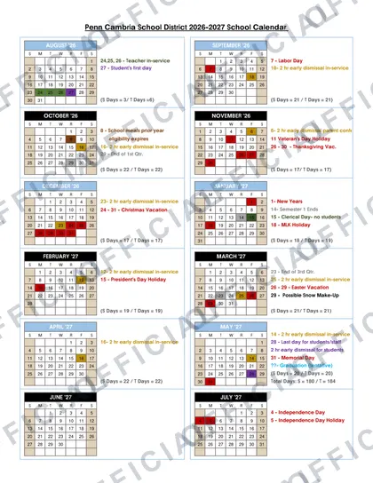 Penn Cambria School District 2026-27 calendar