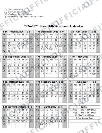 Penn Hills School District 2026-27 calendar