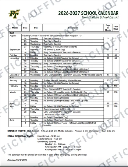 Penn-Trafford School District 2026-27 calendar