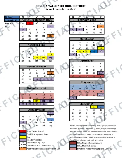 Pequea Valley School District 2026-27 calendar