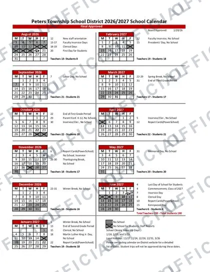 Peters Township School District 2026-27 calendar