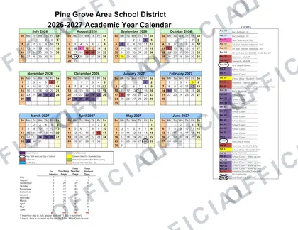 Pine Grove Area School District 2026-27 calendar