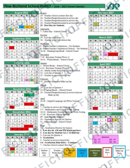 Pine-Richland School District PA District 2026-27 calendar