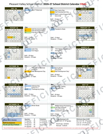 Pleasant Valley School District 2026-27 calendar