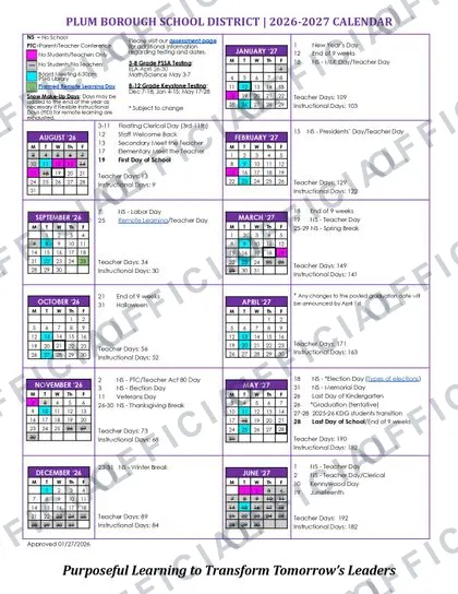 Plum Borough School District 2026-27 calendar