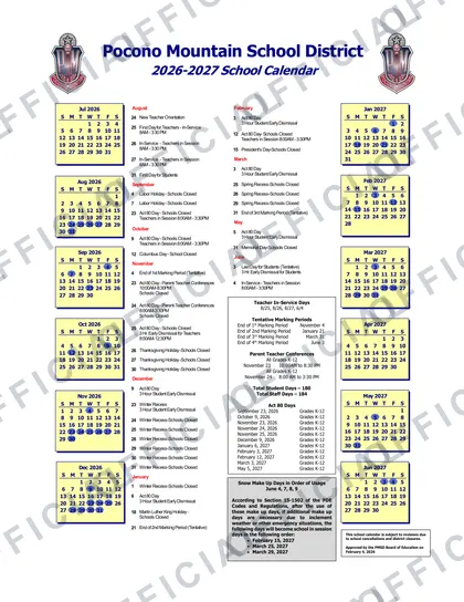 Pocono Mountain School District 2026-27 calendar