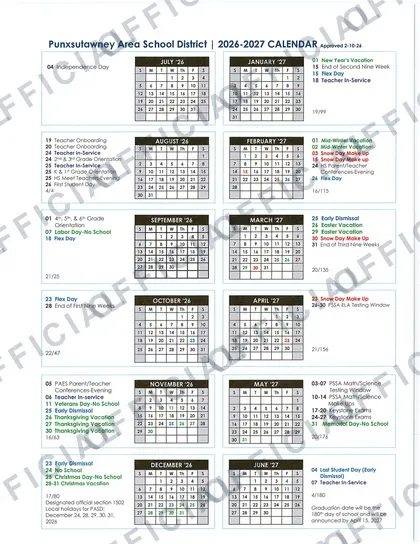 Punxsutawney Area School District 2026-27 calendar
