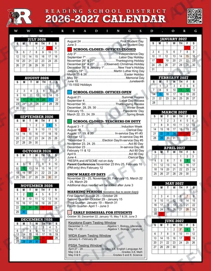 Reading School District 2026-27 calendar