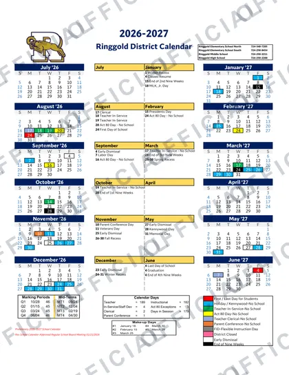 Ringgold District 2026-27 calendar