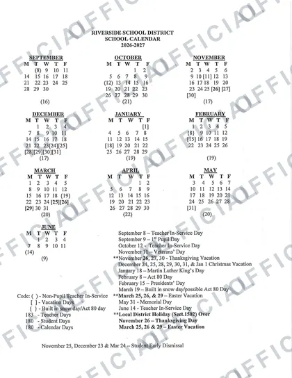 Riverside School District 2026-27 calendar