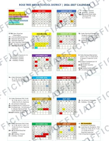Rose Tree Media School District 2026-27 calendar