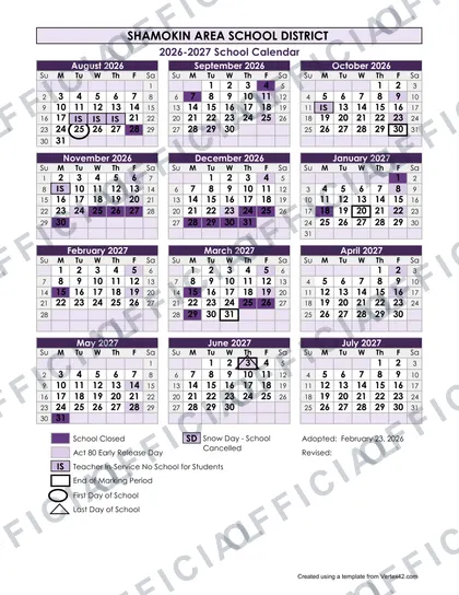 SHAMOKIN AREA SCHOOL DISTRICT 2026-27 calendar