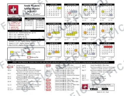 South Western School PA District 2026-27 calendar