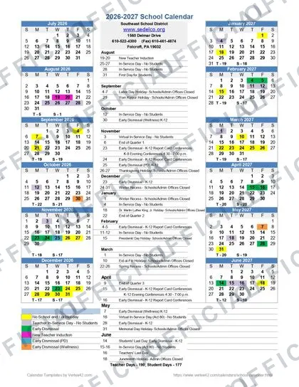 Southeast School District 2026-27 calendar