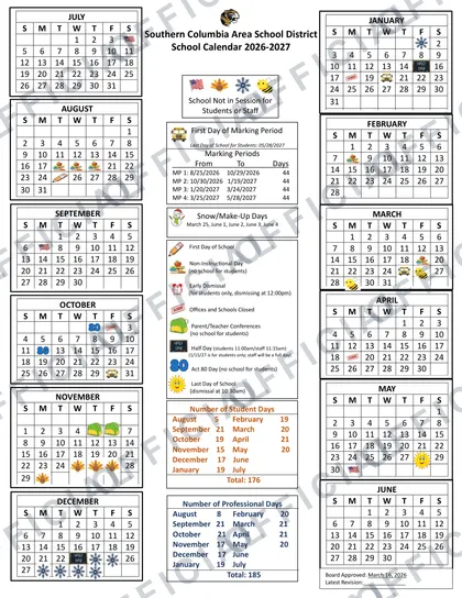 Southern Columbia Area School District 2026-27 calendar