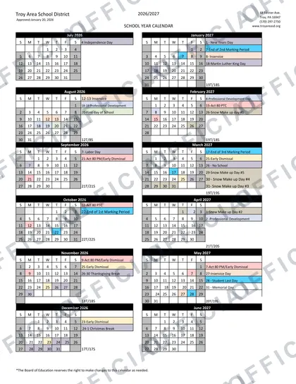 Troy Area School District 2026-27 calendar