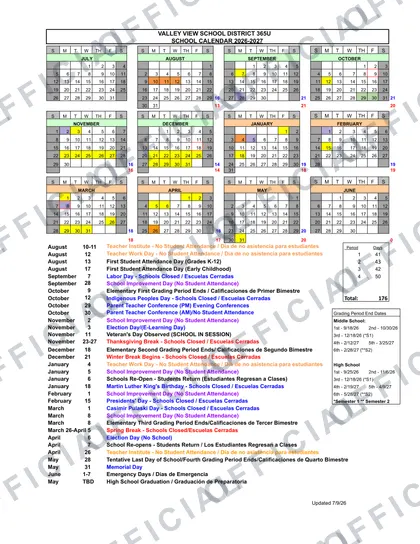 VALLEY VIEW SCHOOL DISTRICT 365U 2026-27 calendar