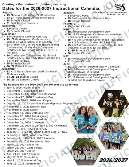 Wallingford-Swarthmore School District 2026-27 calendar