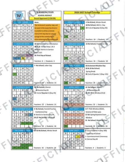 WASHINGTON SCHOOL DISTRICT 2026-27 calendar