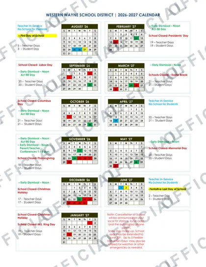 WESTERN WAYNE SCHOOL DISTRICT 2026-27 calendar