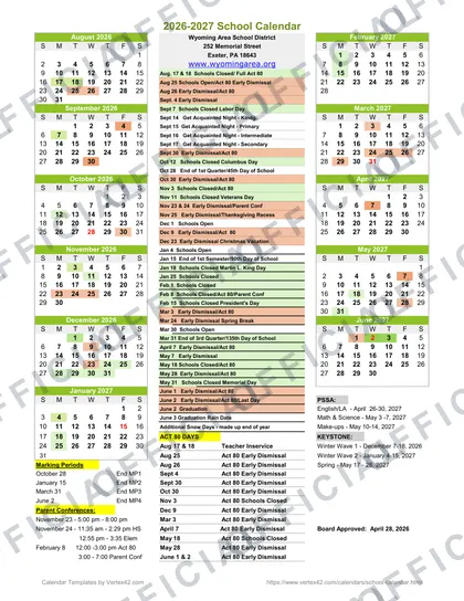 Wyoming Area School District 2026-27 calendar
