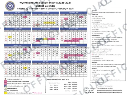 Wyomissing Area School District 2026-27 calendar