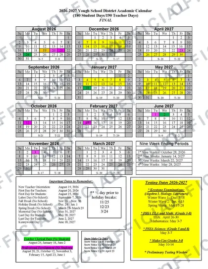 Yough School District 2026-27 calendar