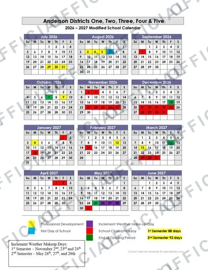 Anderson Districts One, Two, Three, Four & Five 2026-27 calendar
