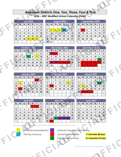 Anderson school District 1, 2, 3, 4, 5 2026-27 calendar