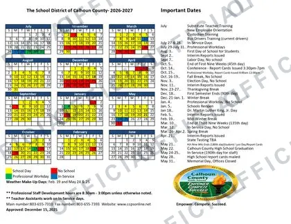 Calhoun County School District 2026-27 calendar
