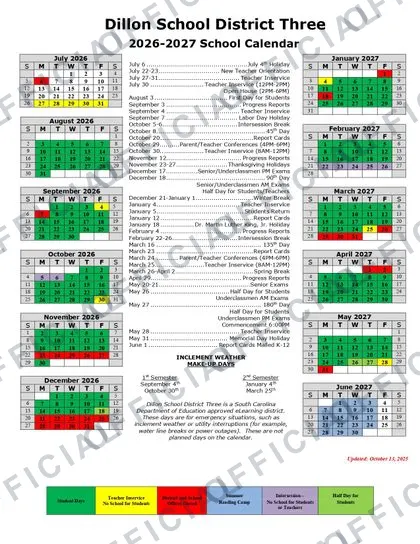 Dillon School District 3 2026-27 calendar