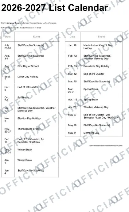 Dorchester School District 2 2026-27 calendar