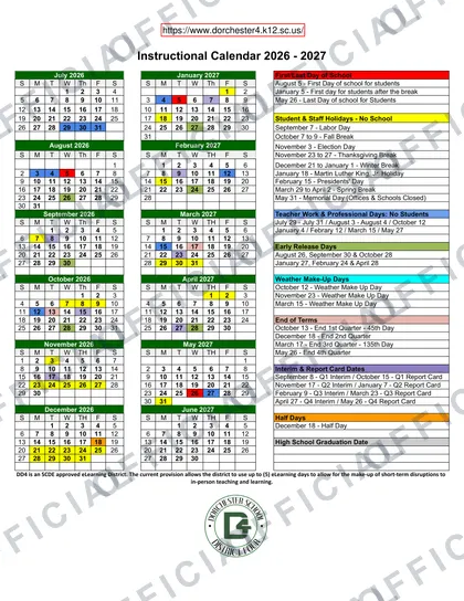 Dorchester School District Four 2026-27 calendar
