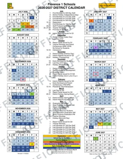 Florence 1 Schools 2026-27 calendar