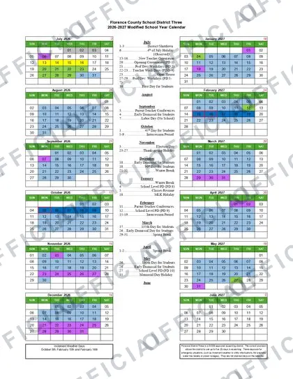 Florence County School District 3 2026-27 calendar