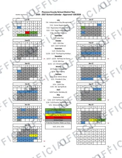 Florence County School District Two 2026-27 calendar