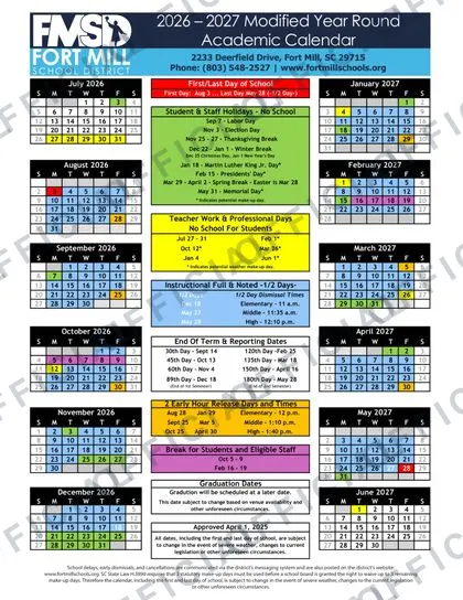 Fort Mill School District 2026-27 calendar
