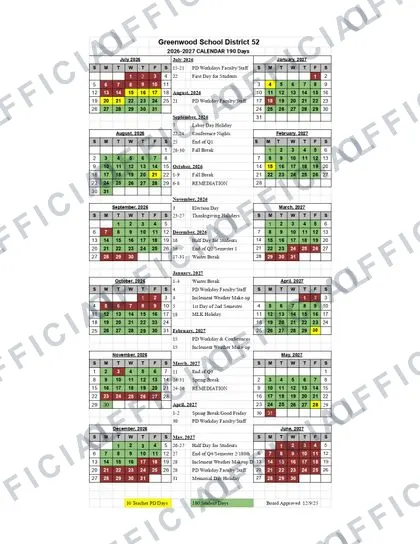 Greenwood School District 2026-27 calendar