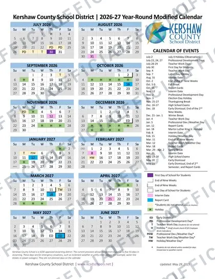 KCSD Kershaw County School District 2026-27 calendar