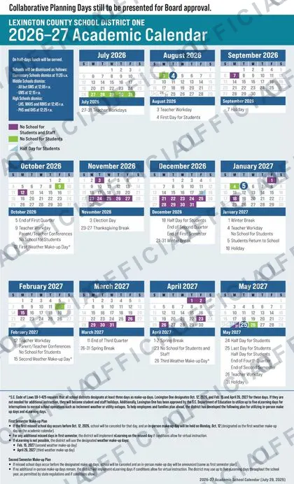 Lexington County School District One 2026-27 calendar