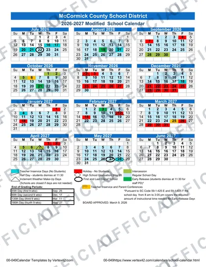 McCormick County School District 2026-27 calendar