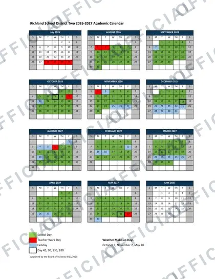 Richland School District 2 2026-27 calendar