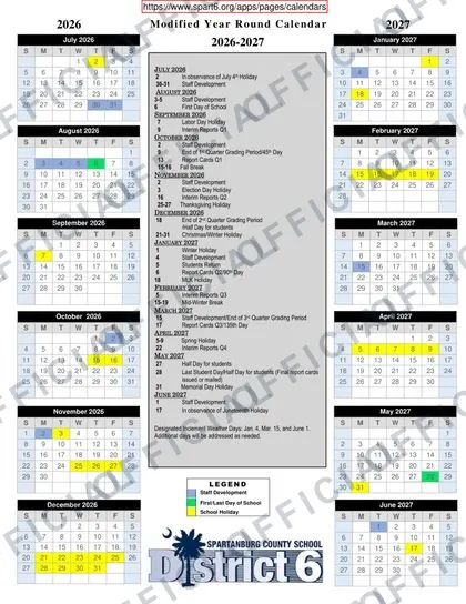 Spartanburg County School District 6 2026-27 calendar