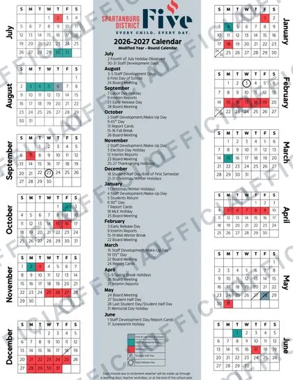Spartanburg District Five 2026-27 calendar