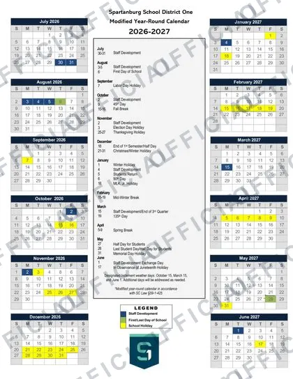 Spartanburg One SC Schools 2026-27 calendar