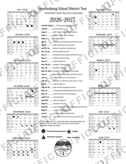 Spartanburg School District Two 2026-27 calendar