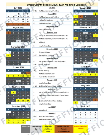 Union County Schools 2026-27 calendar