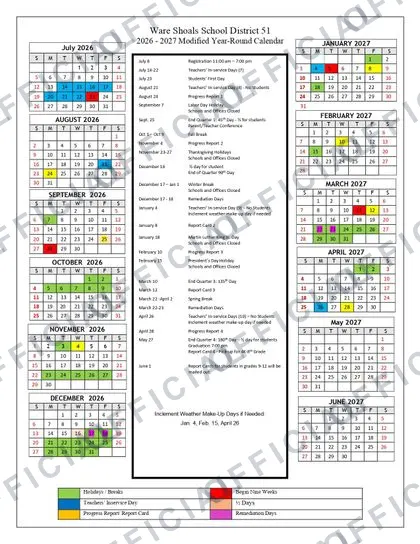 Ware Shoals School District 51 2026-27 calendar
